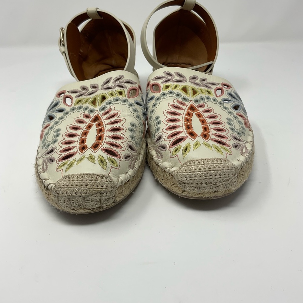 Valentino Cream Leather Floral Embroidered Ankle Strap Espadrille Flats - Picture 3 of 13